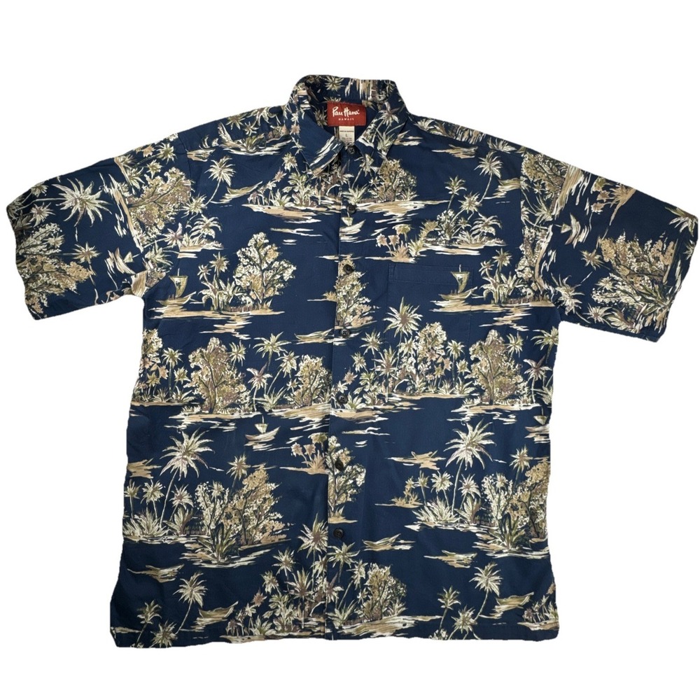 Pau Hana Mens Shirt L Cotton Viscose Tropical Island Print Aloha Beach Navy Blue